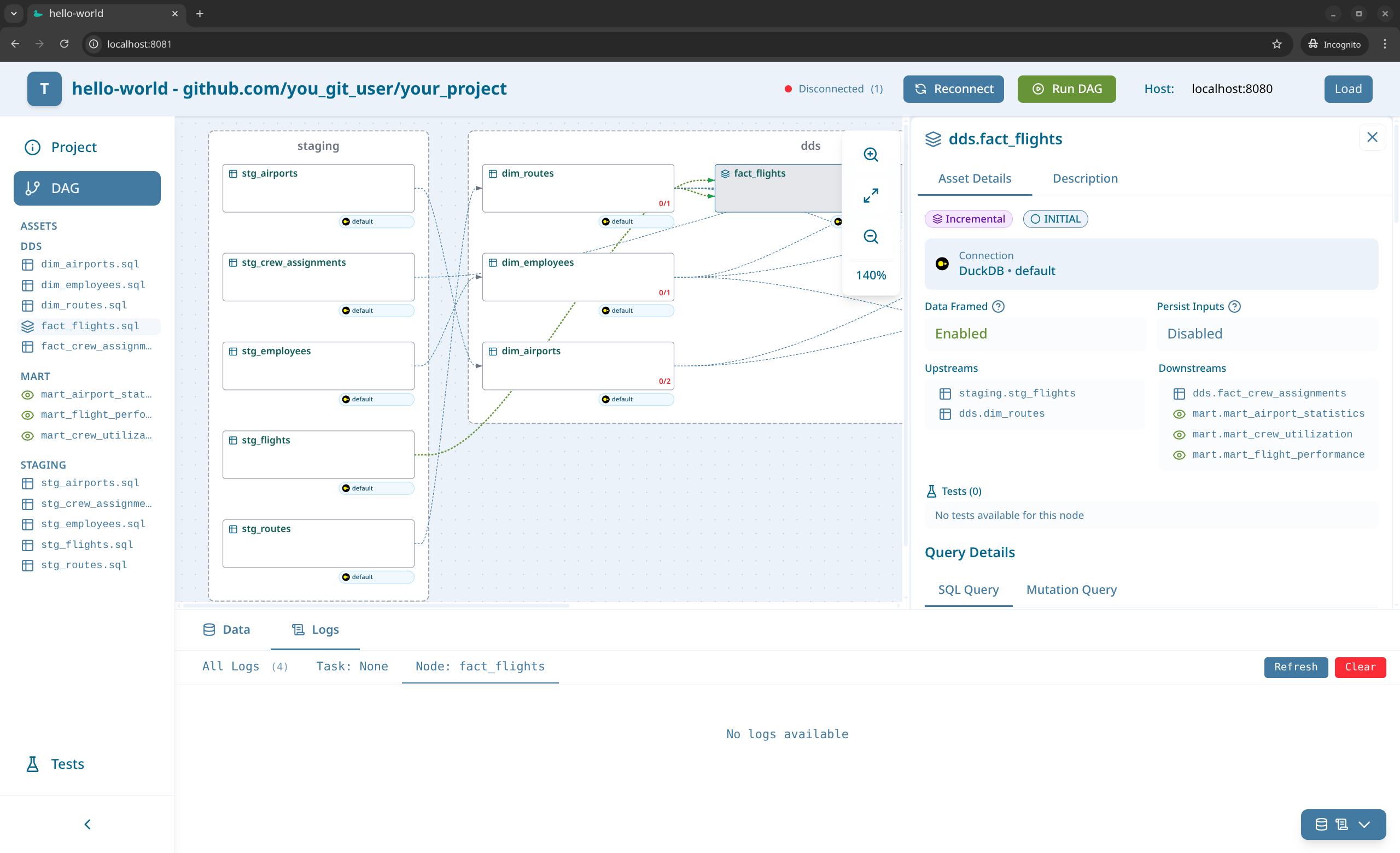 Teal Debug UI Dashboard showing DAG visualization with staging and dds layers, asset details panel, and query information