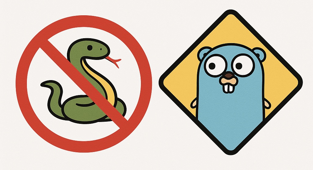 No Python snake with prohibition symbol, Yes to Go gopher - illustrating Teal's choice of Go over Python for better performance